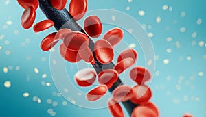 Close-up of red blood cells flowing in a blood vessel. Research concept