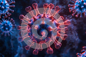 A close up of a red and blue coronavirus on a black background