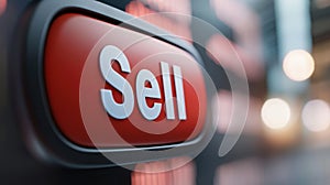 A close up of a red button that says sell, AI