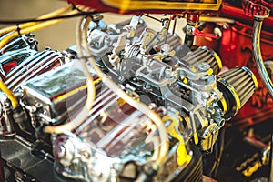Close up of a red car engine