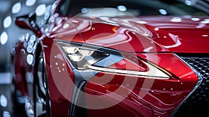 Close up of a red cars headlight in a showroom showcasing automotive design