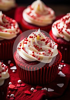 a close up of a red cupcake with white frosting and sprinkles