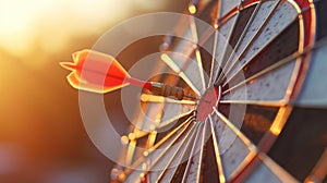 Close up red dart arrow hitting target center dartboard on sunset background. Business targeting and focus concept.