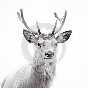 Close-up of a Red deer stag in front of a white background.