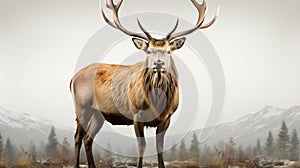 Close-up of a Red deer stag in front of a white background. generative ai