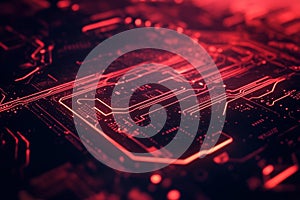 A close up of a red electronic circuit board