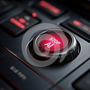 Red Emergency Button Labeled STOP with AI Design on Sleek Control Panel