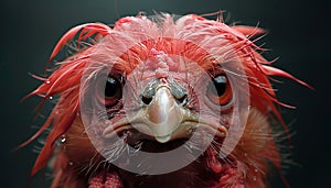 Close-up of a red-feathered chicken with wet feathers and intense eyes