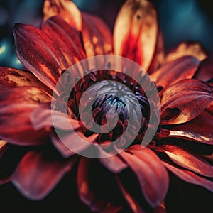 A close up of a red flower on a black background. Generative AI image.