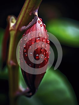 Close-up of red flower with droplets of water on its leaves. These droplets are located near center of flower, and they