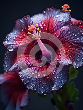 Close-up of red flower, with droplets of water on its petals. These droplets are visible as small spots or beads of