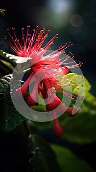 Close-up of red flower, with its petals and leaves. The flower is in full bloom, showcasing its vibrant color against