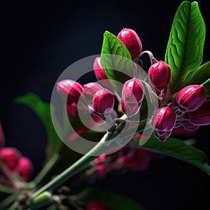 Close-up of red flowers with green leaves, growing on branch. There are several red flowers in various stages of