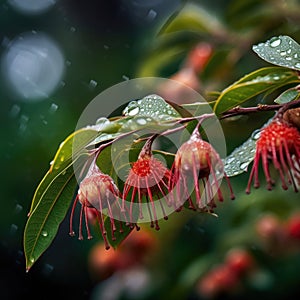 Close-up of red flowers with raindrops on them. These beautiful blooms are growing from branches of an unknown plant