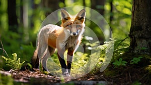 Close up of red fox with curious expression in forest