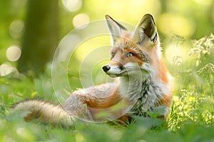 Close up of a red fox in the grass.