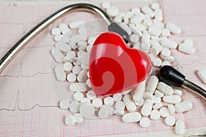 Close-up of a red heart made of stone, vitamins,pills, stethoscope