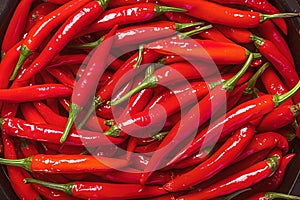 Close up of red hot chili peppers texture background, copy space