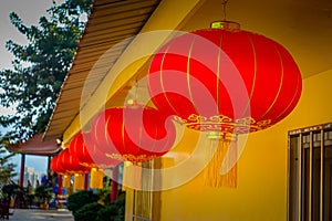 Close up of red Japanesse lamps at ten thousand Buddhas Monastery in Sha Tin, Hong Kong