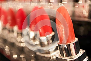 Close up Red Lipstick. Cosmetics makeup concept