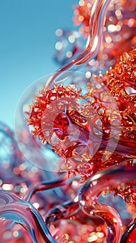 A close up of a red liquid with bubbles