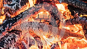 Close up red live coals and flame in the bonfire, Siberia.