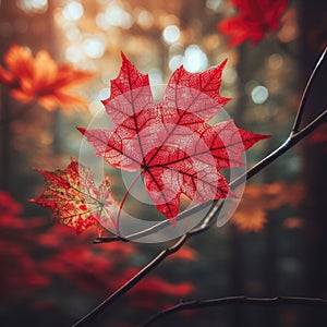 A close-up of a red maple leaf with veins and spots, detaching from a branch with other green and yellow leaves, against a blurred