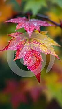 Close-up of red maple leaf with water droplets