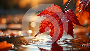Close Up Red Maple Leaf With Water Droplets Touching Pond Surface