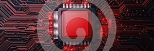 Close-up of a red microchip on a black circuit board with glowing red light, representing high-tech innovation and electronic photo