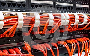 Close up of red network cables connected to switch