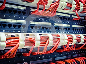 Close up of red network cables connected to switch