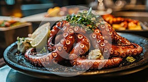 Close Up Red Octopus Dish with Lime and Herbs