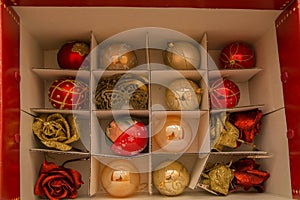 Close up red open box of Christmas decorations-2