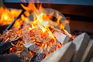 close-up of red and orange flames dancing over firewood