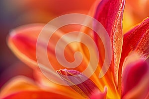 Close up of red and orange flowers petal. Macro floral background.