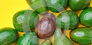 Close up red organic avocado in group of green avocados healthy food on yellow table background.modern organic fresh fruit.farm to