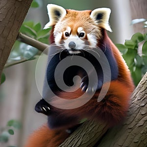 A close-up of a red panda climbing a tree, its fluffy tail trailing behind2