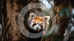 A close up of a red panda in a tree. Generative AI image.