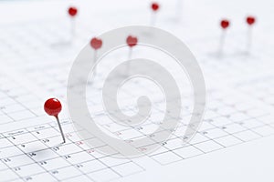 Close up of red pin on calendar at home office, date planning for business meeting or appointment, photo
