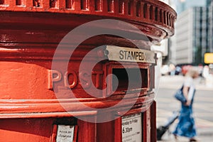 Close up of a red post box in London, UK.