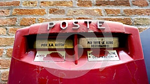 Close up red postal box public