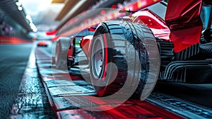 Close-up of red racing car wheel moving on high speed on race track with blurred tribune on background. Concept of
