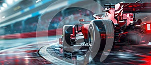 Close-up of red racing car wheel moving on high speed on race track with blurred tribune on background. Concept of