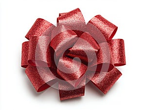 Close-up of a red, reflective bow with eight symmetrical loops on a light gray background Glittering texture is visible No texts