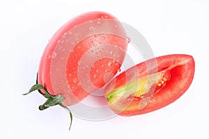 Close up of red ripe tomatoes, cherry tomato, solanum lycopersicum L. var. cerasiforme on white background.