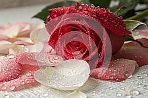 Rose Petals and Red Rose Covered in Dew Drops photo