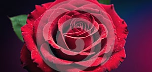 a close - up of a red rose with water droplets on it's petals and a green stem in the foreground photo