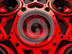 A close up of red speakers with black surrounds photo