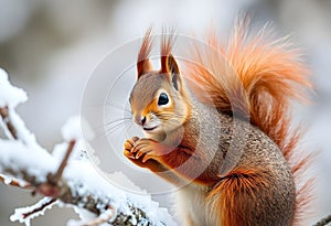 A close up of a Red Squirrel in Winter